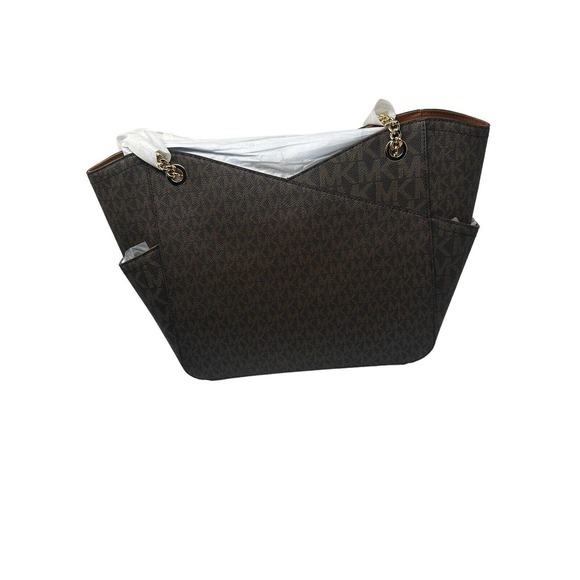 Michael Kors Jet Set Large Leather Brown X Cross Chain Shoulder Tote Hand Bag - Picture 4 of 16